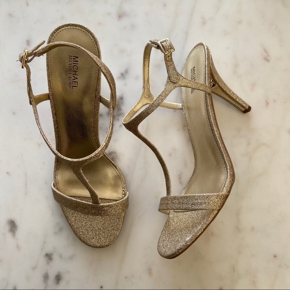 New MICHAEL KORS Arden Gold T-strap Stiletto Sandals shoes - Picture 8 of 15